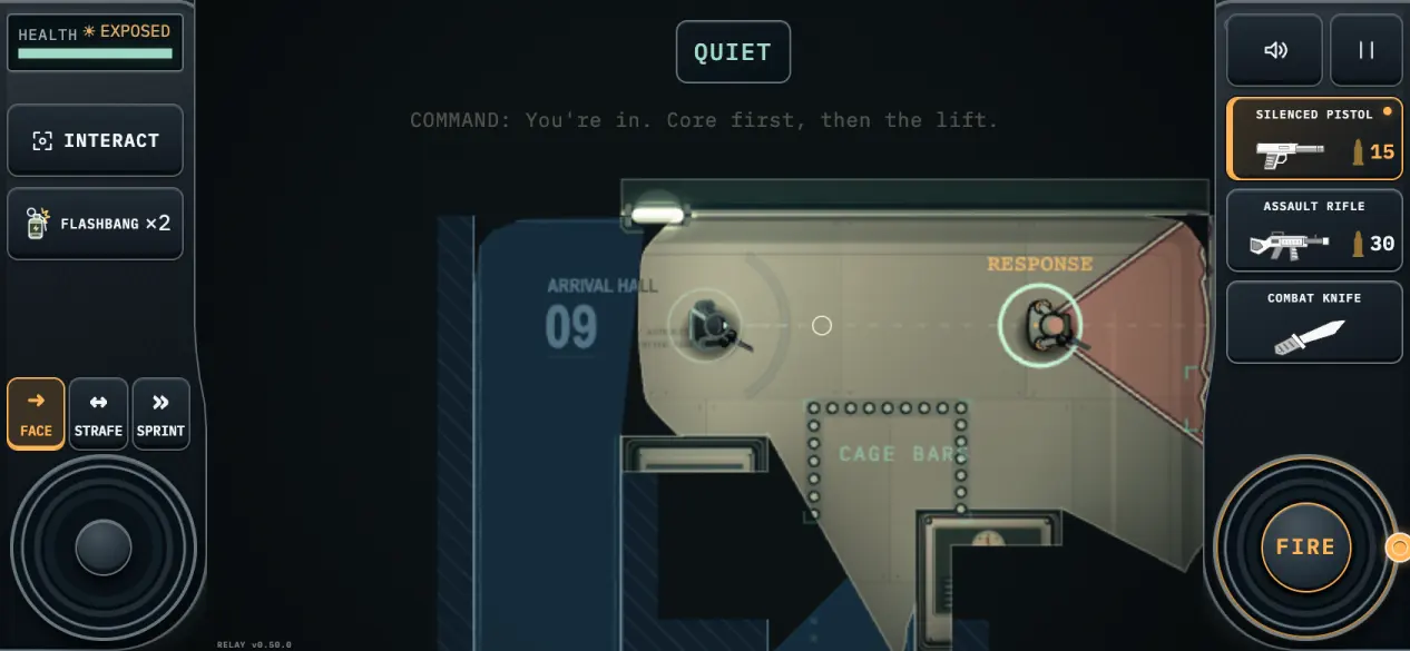 Blackout Relay on a phone held sideways: the operative stands on the lit floor of Arrival Hall 09 with his silenced pistol out, a guard holds the far end of the room with a cone of vision across it, and the touch deck sits on either side with the move pad, FACE, STRAFE, SPRINT and the FIRE ring.