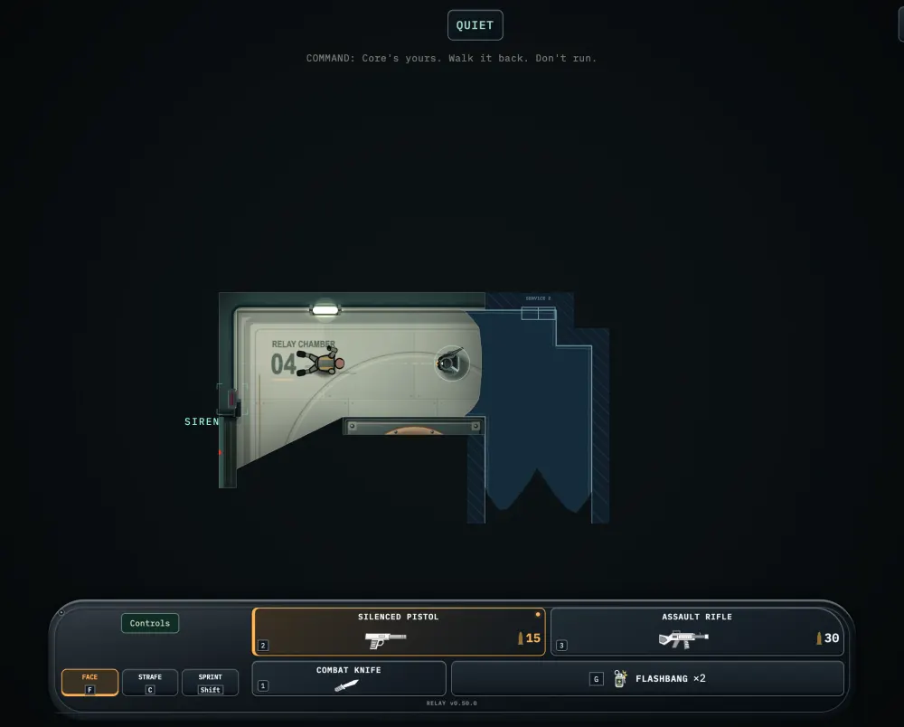 Blackout Relay on a desktop: the signal core is out of its housing in Relay Chamber 04 and carried in both hands, so no weapon is up, a guard lies where he fell across the chamber, and a siren is marked on the wall by the door.
