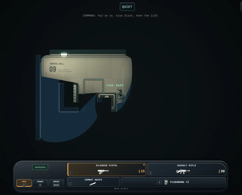 Blackout Relay on a desktop: the operative has stood still at the end of a wall beside the cage bars and settled into cover, shoulders leading past the edge with the gun forward, and his view has opened out along the wall into the dark. The keyboard deck runs along the bottom with the pistol, rifle, knife and flashbang.