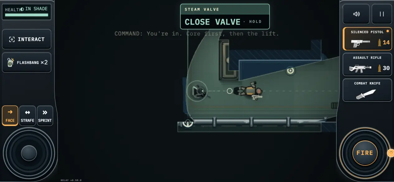 A guard down in Blackout Relay on a phone: the body lies on its back with its arms folded under it and its rifle dropped beside it, the operative stands a few steps away with the silenced pistol reading 14 rounds, and a steam valve offers itself on the wall behind.
